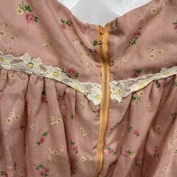 Vintage Pink Prairie Cottagecore Maxi Dress Floral Puff Sleeve Lace Handmade - Picture 7 of 7